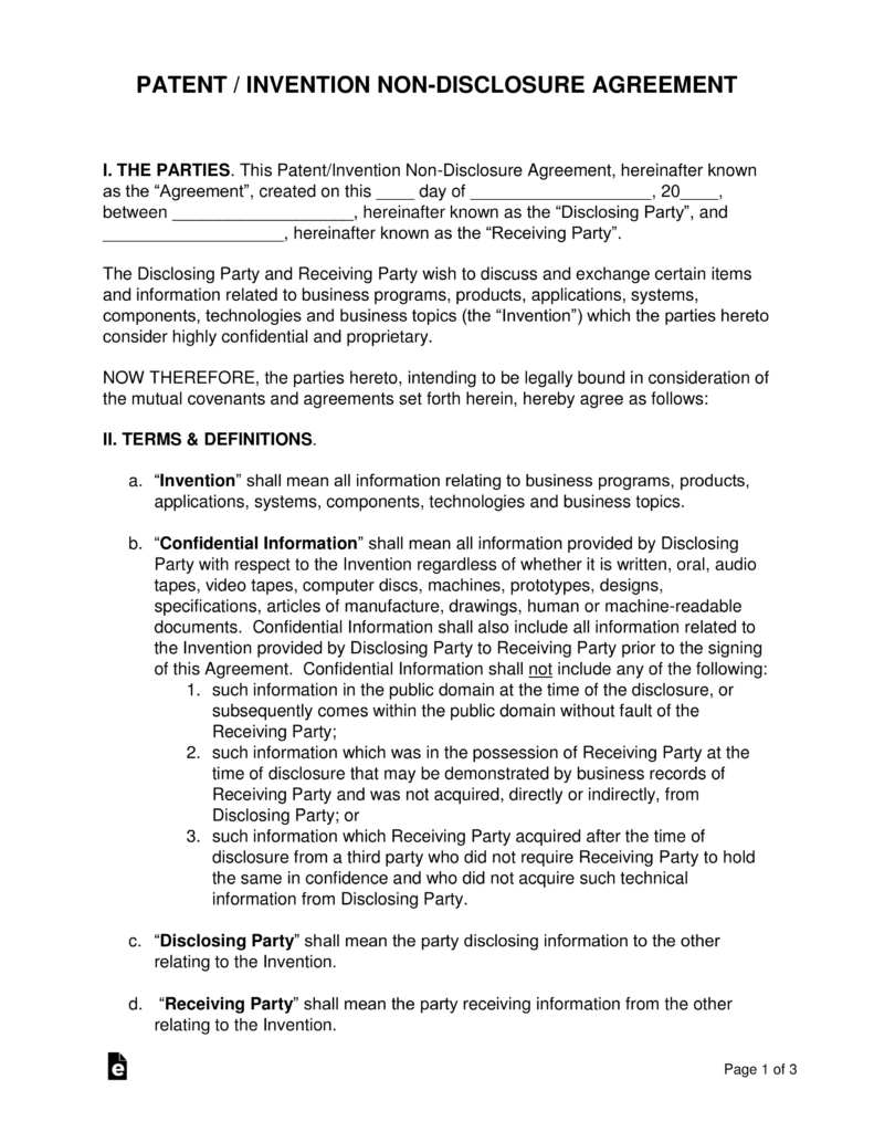 Standard Non Disclosure Agreement Pdf Patent Invention Non Disclosure Agreement Nda Template Eforms