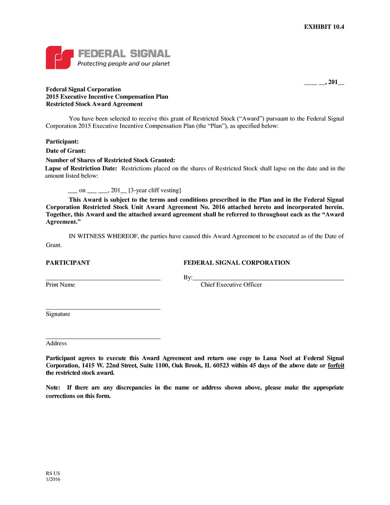 Stock Award Agreement Rs Us 12016 This Document Constitutes Part Of The Prospectus