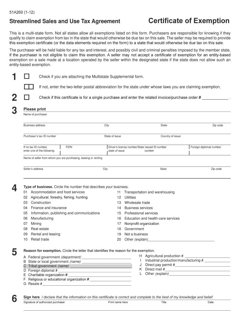 Streamlined Sales And Use Tax Agreement Form 51a260 Fill Online Printable Fillable Blank Pdffiller