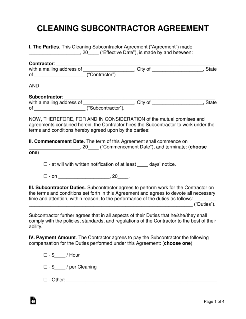 Subcontract Agreement Definition Free Cleaning Subcontractor Agreement Template Pdf Word Eforms