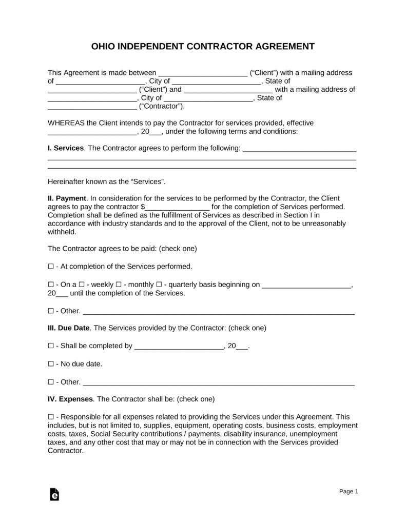 Subcontract Agreement Definition Free Ohio Independent Contractor Agreement Pdf Word Eforms