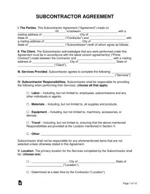 Subcontract Agreement Definition Free Subcontractor Agreement Templates Pdf Word Eforms Free