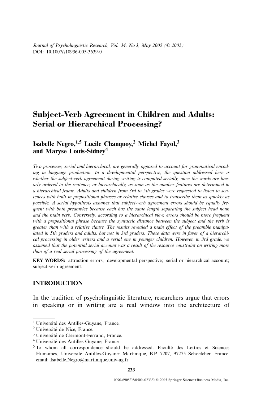 Subject Of Verb Agreement Pdf Subject Verb Agreement In Children And Adults Serial Or