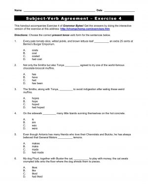 Subject Of Verb Agreement Subject Verb Agreement Exercise 4 Pages 1 4 Text Version