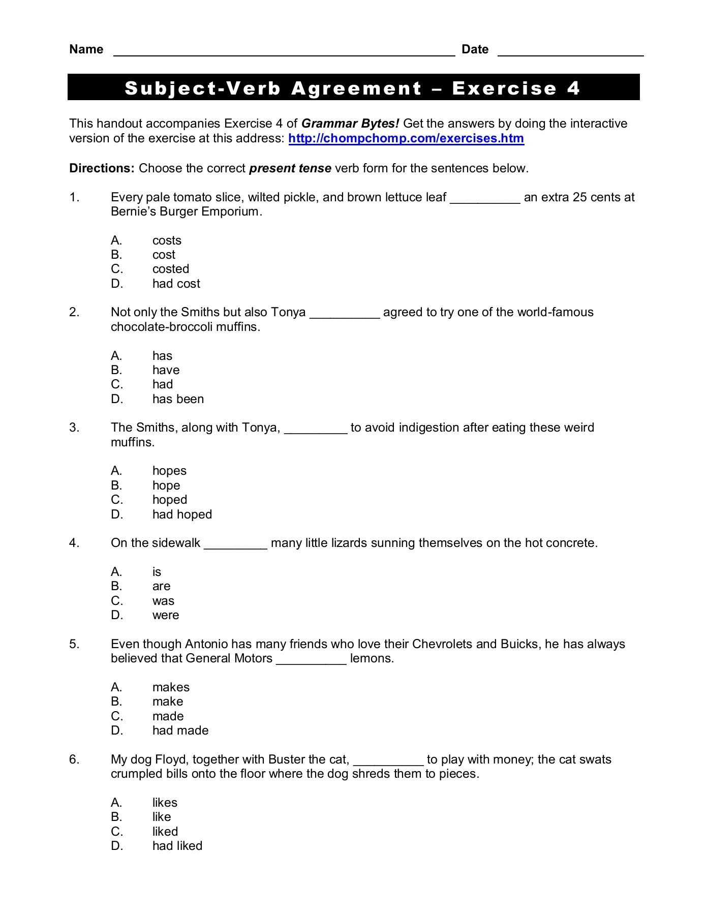 Subject Of Verb Agreement Subject Verb Agreement Exercise 4 Pages 1 4 Text Version