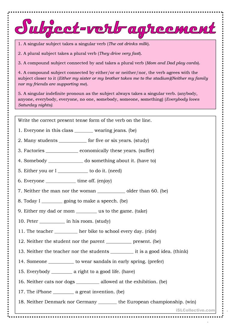 Subject Of Verb Agreement Subject Verb Agreement Worksheet Free Esl Printable Worksheets