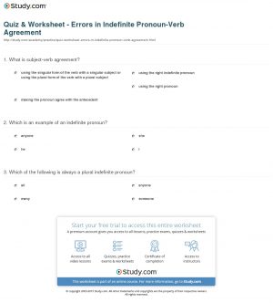 Subject Verb Agreement For Indefinite Pronouns Quiz Worksheet Errors In Indefinite Pronoun Verb Agreement
