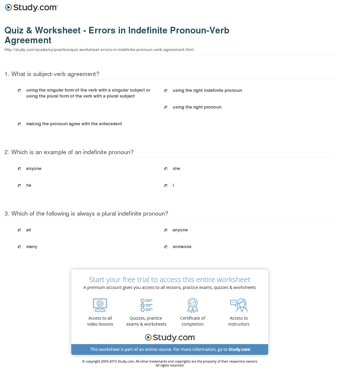 Subject Verb Agreement For Indefinite Pronouns Quiz Worksheet Errors In Indefinite Pronoun Verb Agreement