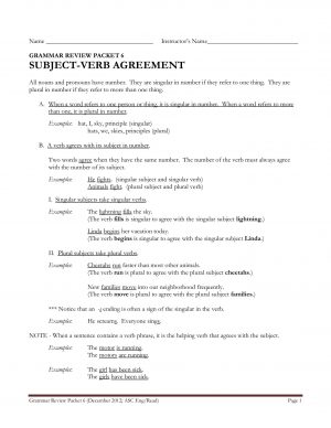 Subject Verb Agreement Grammar Review Packet 6 Subject Verb Agreement Pages 1 16 Text