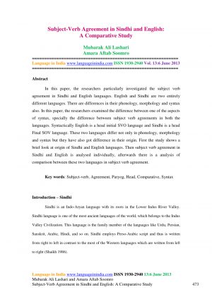 Subject Verb Agreement Pdf Subject Verb Agreement In Sindhi And English A Comparative Study
