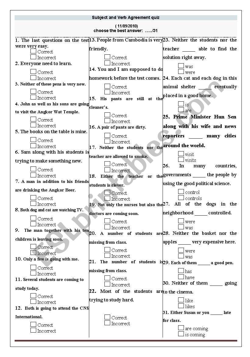 Subject Verb Agreement Quiz With Answer Keys Subject And Verb Agreement Quiz Esl Worksheet Nasam