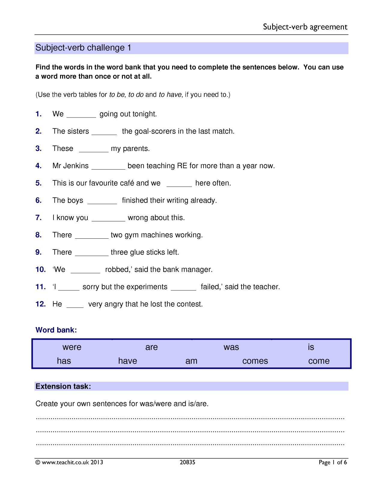 Subject Verb Agreement Proofreading Worksheets