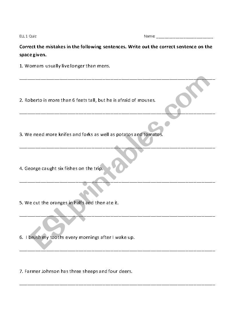 Subject Verb Agreement Quiz With Answer Keys Subject Verb Agreementplurals Quiz Esl Worksheet Kam77