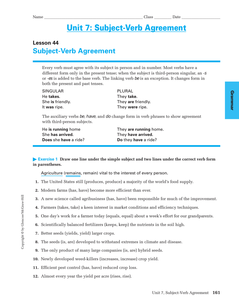 Subject Verb Agreement Quiz With Answer Keys Unit 7 Subject Verb Agreement Subject Verb Agreement Lesson 44
