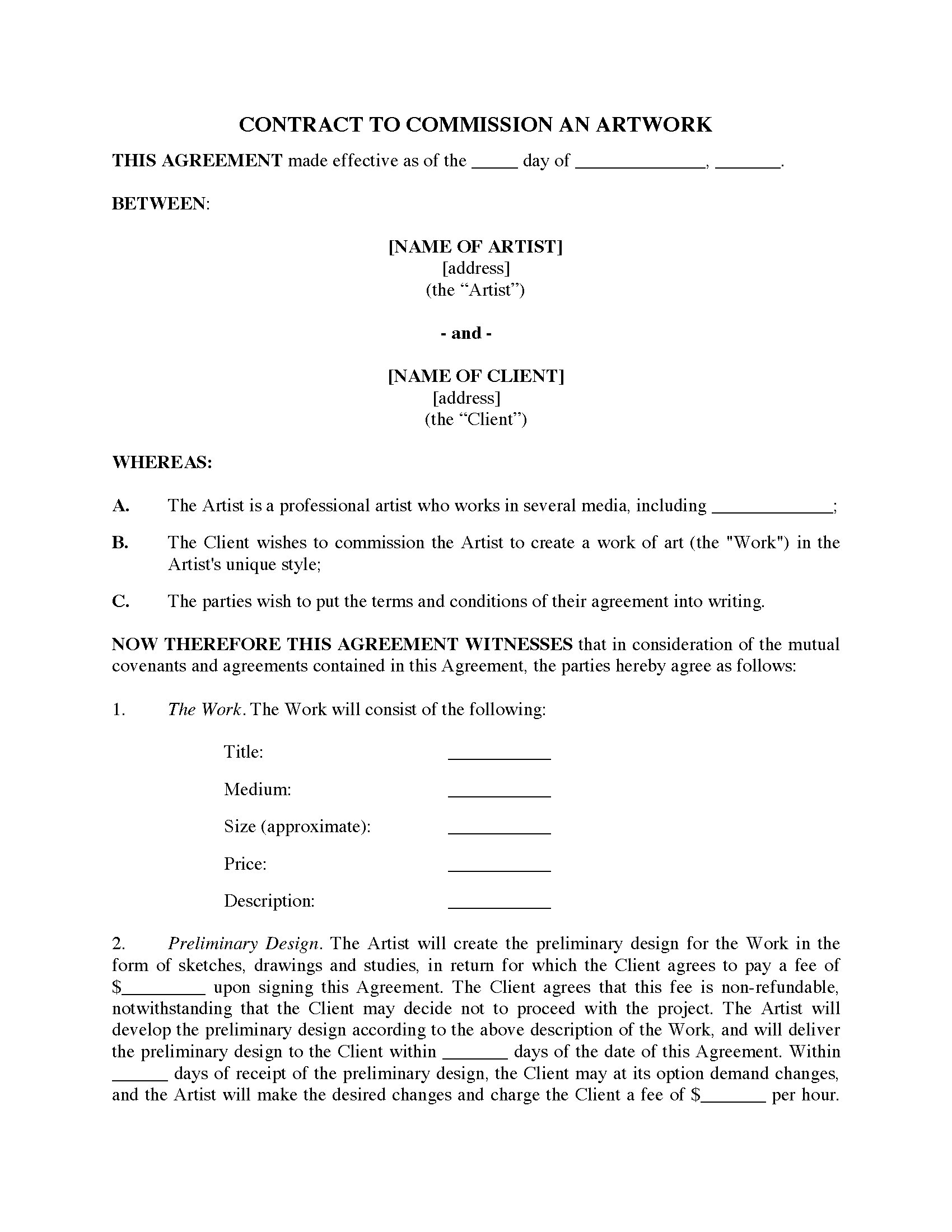 Sweat Equity Agreement Template Commission Contract For Original Art