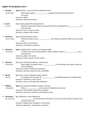 Synonym For In Agreement English 10 Unit 5 Vocab Worksheet