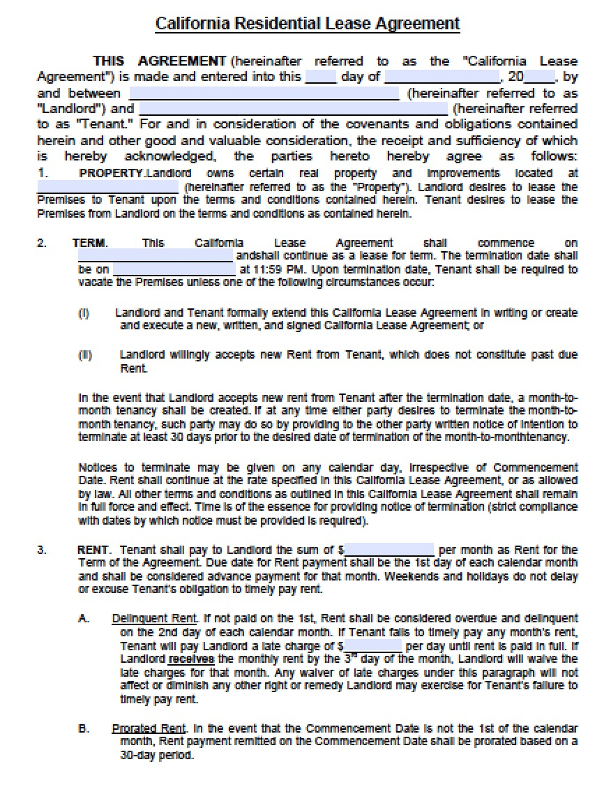 Template Lease Agreement Free California Standard Residential Lease Agreement Template Pdf