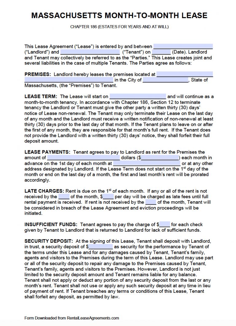 Template Lease Agreement Free Massachusetts Month To Month Rental ...
