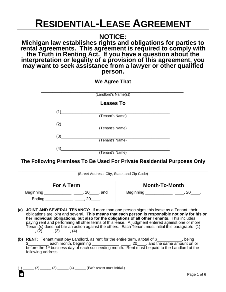 Template Lease Agreement Free Michigan Residential Lease Agreement Template Pdf Word
