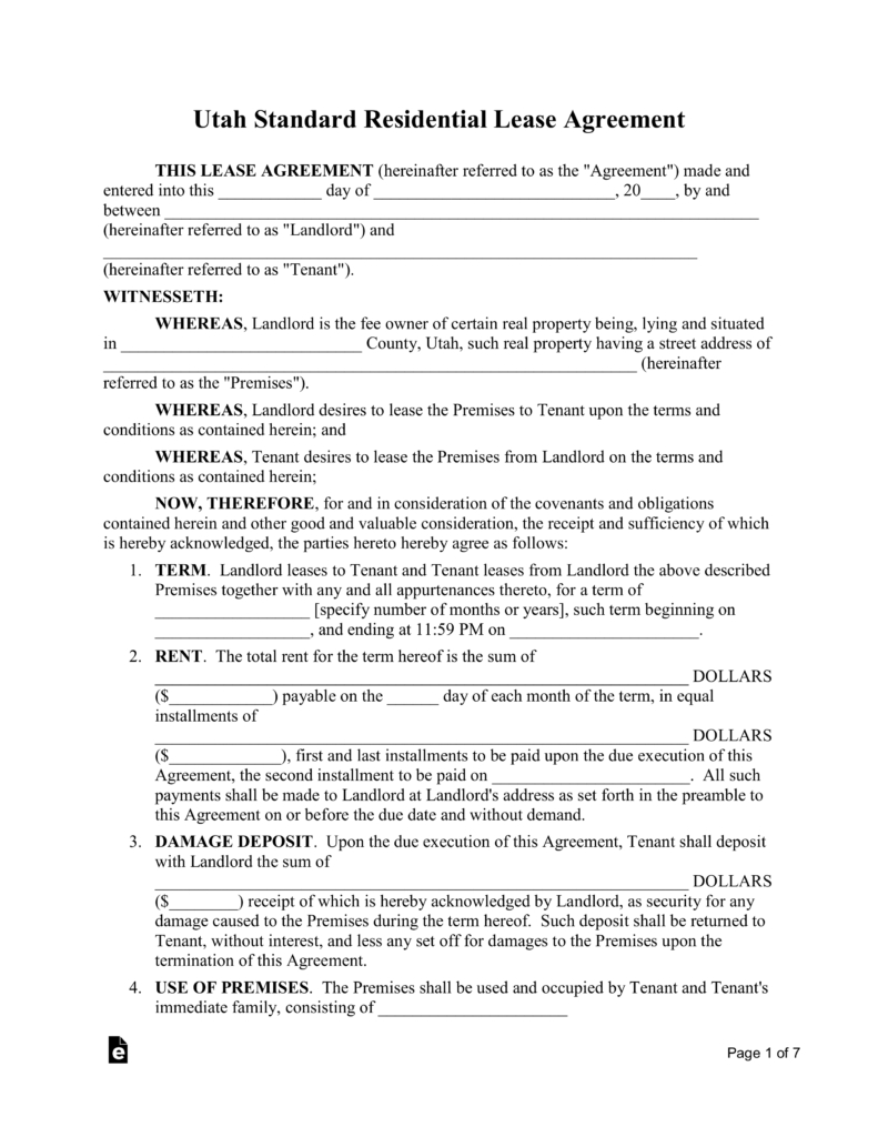 Template Lease Agreement Free Utah Rental Lease Agreements Residential Commercial Pdf