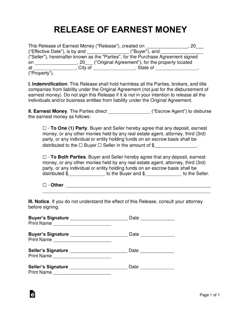 Termination And Mutual Release Agreement Free Release Of Earnest Money Form Word Pdf Eforms Free