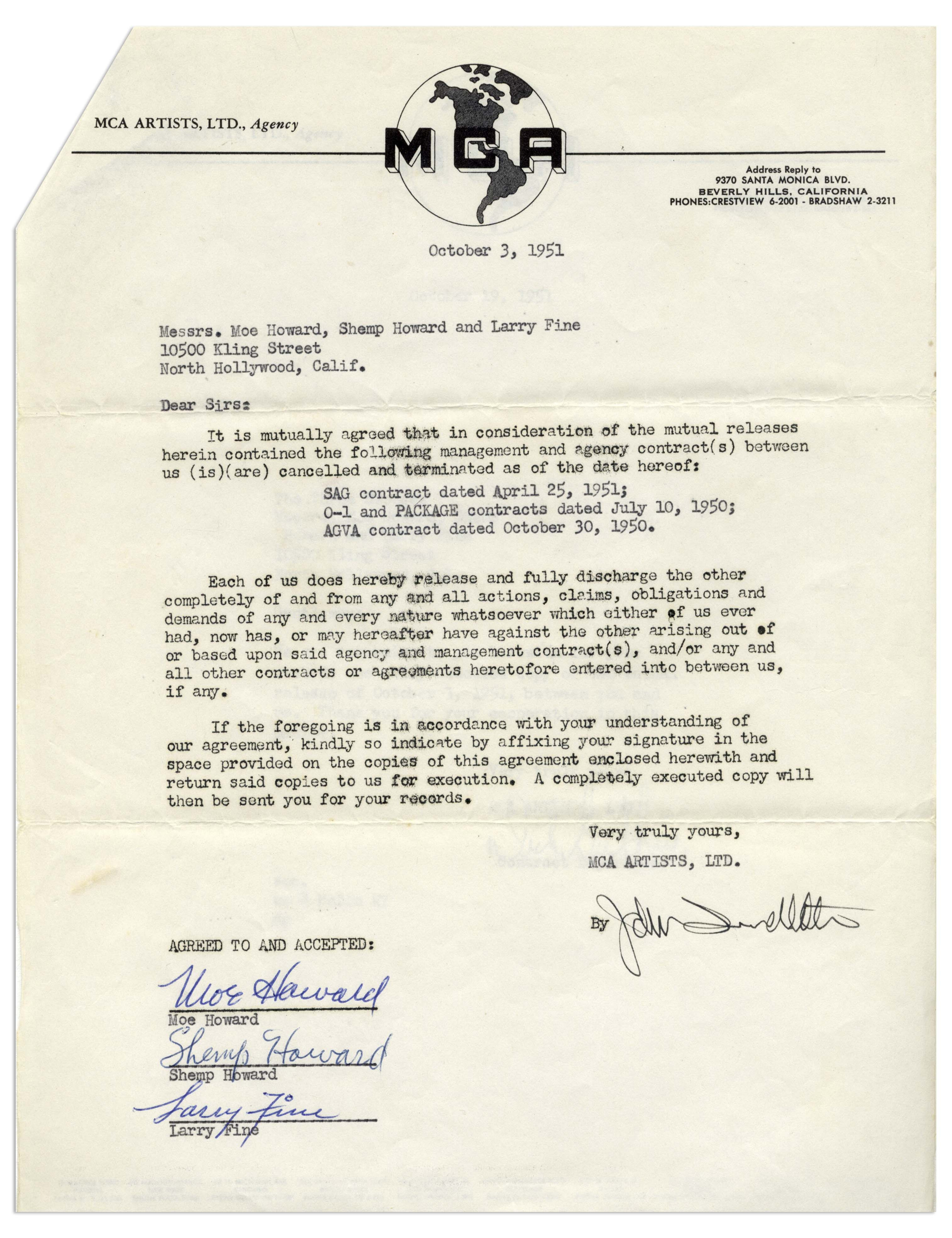 Termination And Mutual Release Agreement Lot Detail Three Stooges Signed Contract Termination From 1951