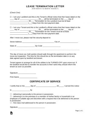 Termination Of Lease Agreement Lease Termination Letters 30 Day Notice To Quit For Landlords And