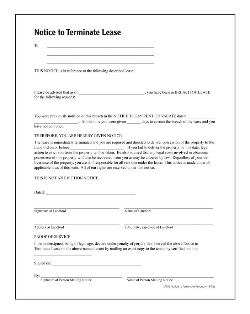 Termination Of Lease Agreement Notice To Terminate Tenancy Forms And Instructions
