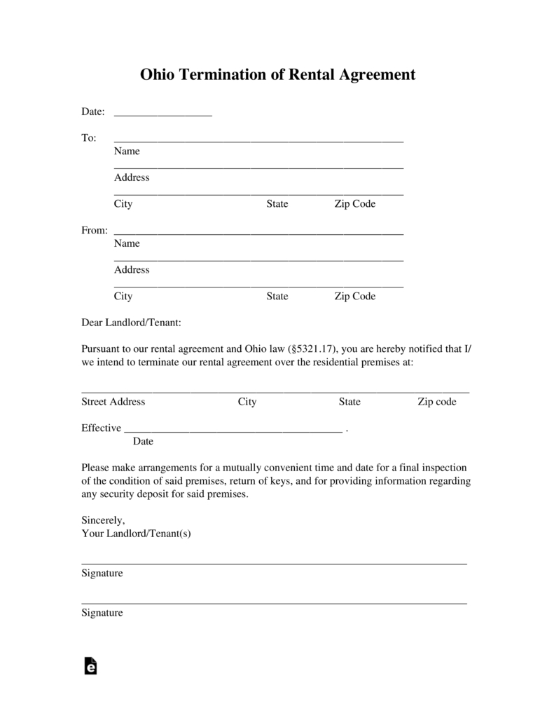 Termination Of Lease Agreement Ohio Lease Termination Letter Form 30 Day Notice Eforms Free