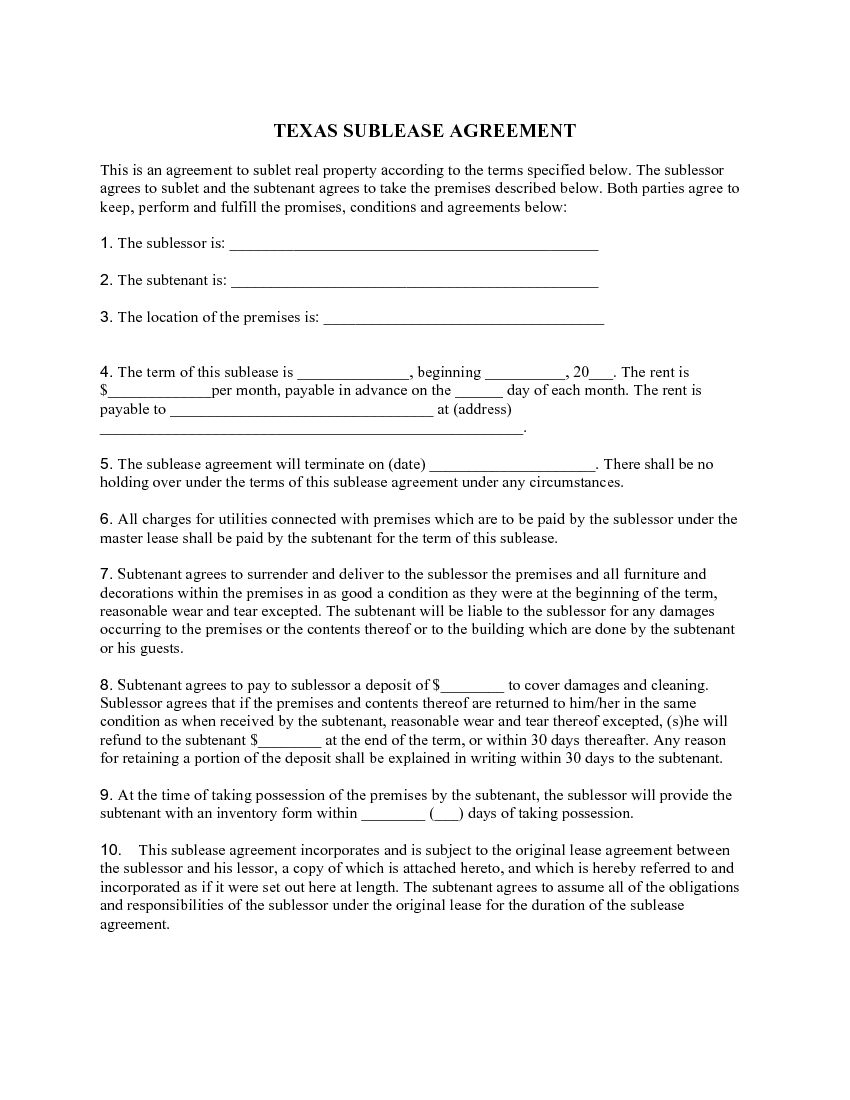 Texas Sublease Agreement Download Free Texas Sublease Agreement Printable Lease Agreement
