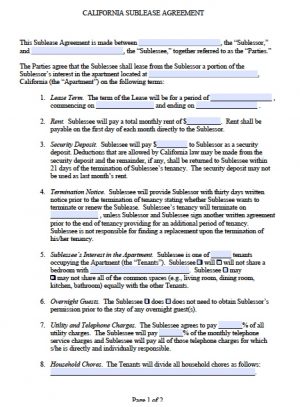 Texas Sublease Agreement Free California Sublease Agreement Template Pdf Word Doc