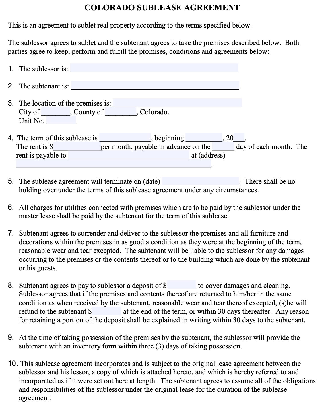 Texas Sublease Agreement Free Colorado Sublease Agreement Template Pdf Word Doc