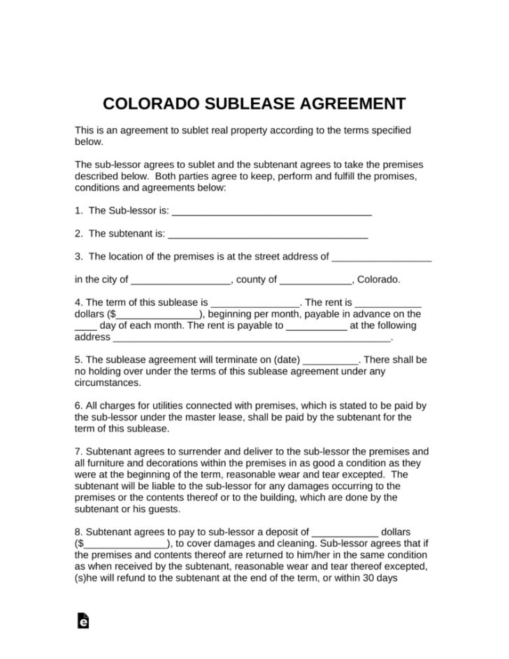 Texas Sublease Agreement Free Colorado Sublease Agreement Template Pdf Word Eforms - letterify.info