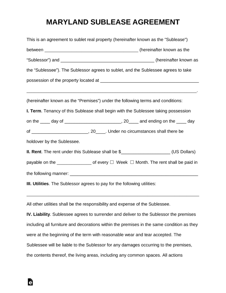 Texas Sublease Agreement Free Maryland Sublease Agreement Template Pdf Word Eforms