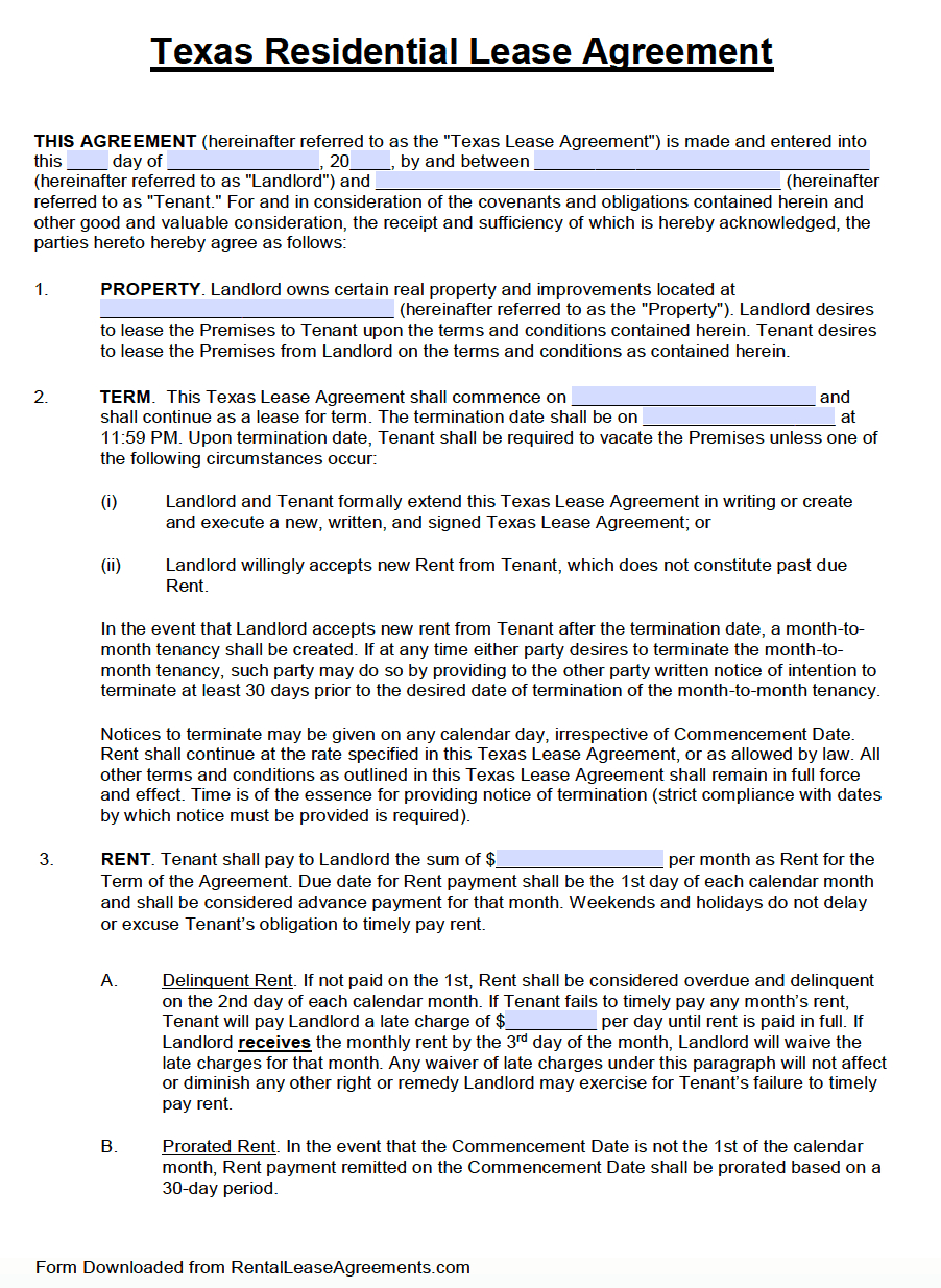 Texas Sublease Agreement Free Texas Standard Residential Lease Agreement Template Pdf Word
