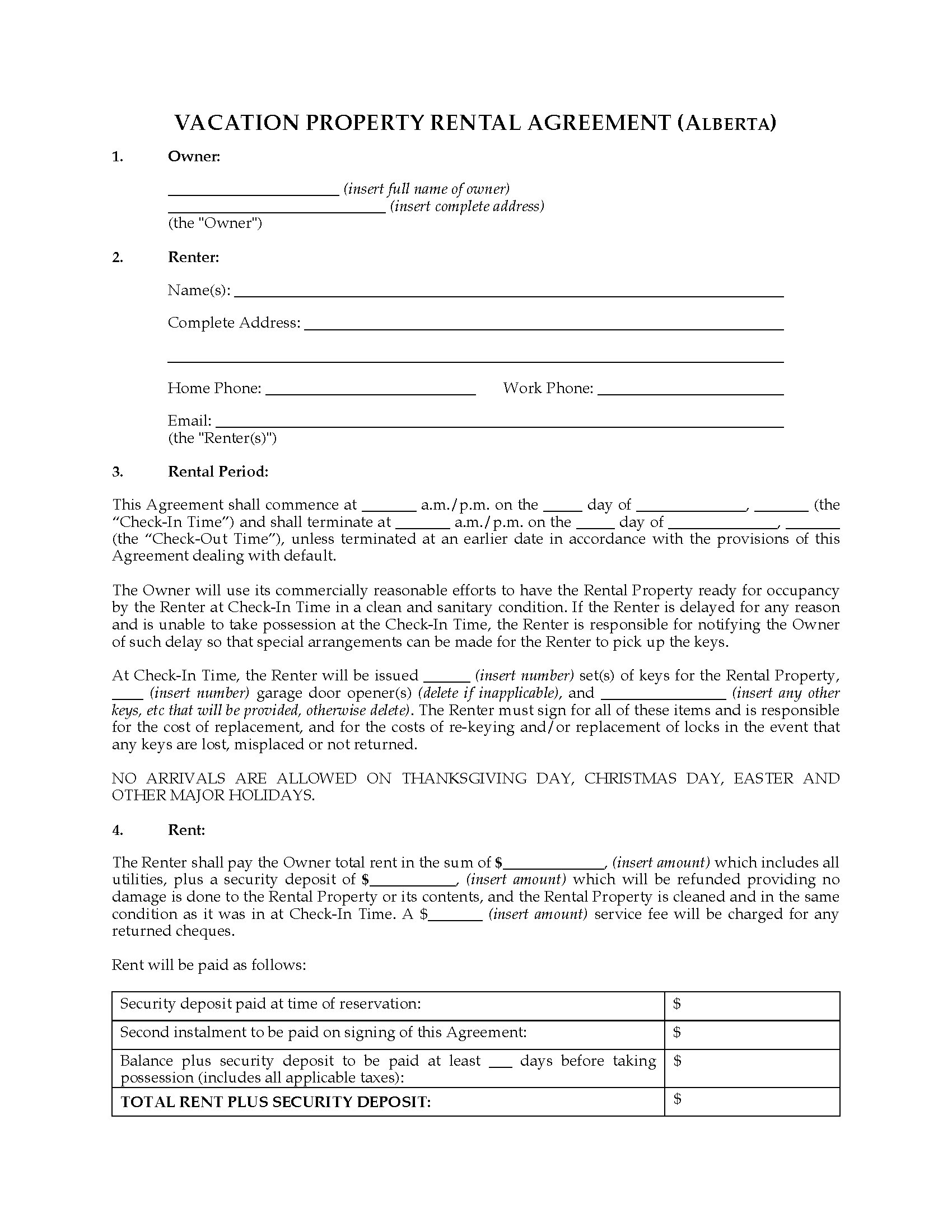 Timeshare Rental Agreement Alberta Vacation Property Rental Agreement