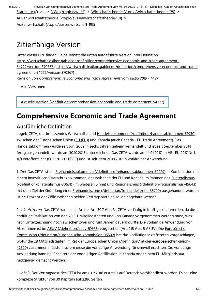 Trade Agreement Definition Pdf Comprehensive Economic And Trade Agreement Ceta In Gabler