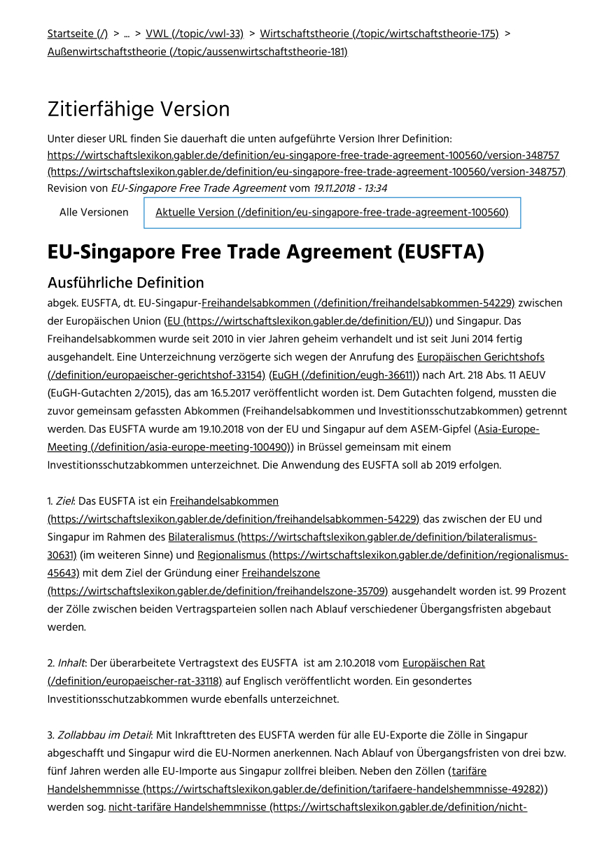 Trade Agreement Definition Pdf Eu Singapore Free Trade Agreement Eusfta In Gabler