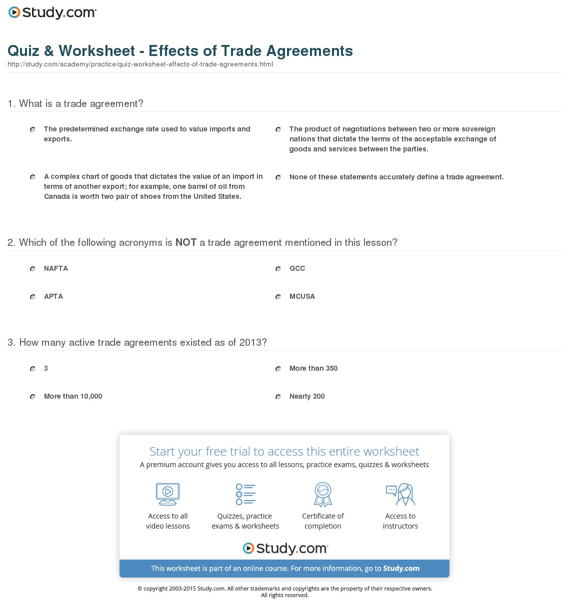 Trade Agreement Definition Quiz Worksheet Effects Of Trade Agreements Study