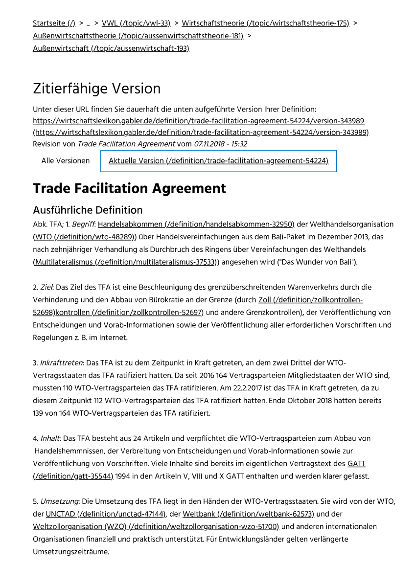 Trade Facilitation Agreement Pdf Trade Facilitation Agreement In Gabler Wirtschaftslexikon
