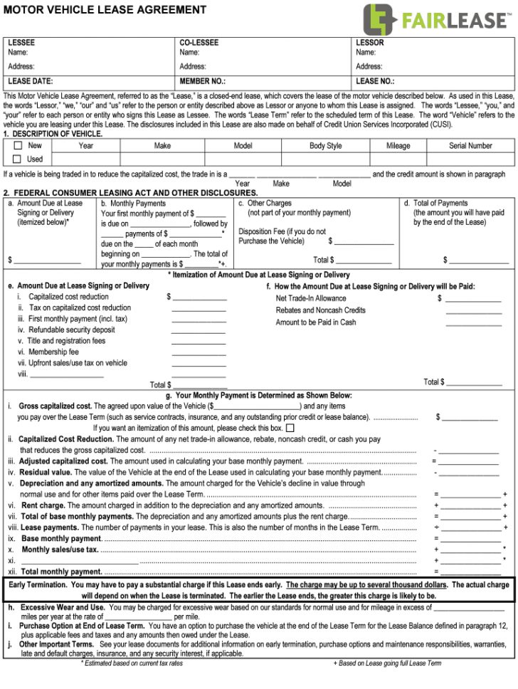 Truck Lease Agreement Template Vehicle Lease Agreement Fill Online