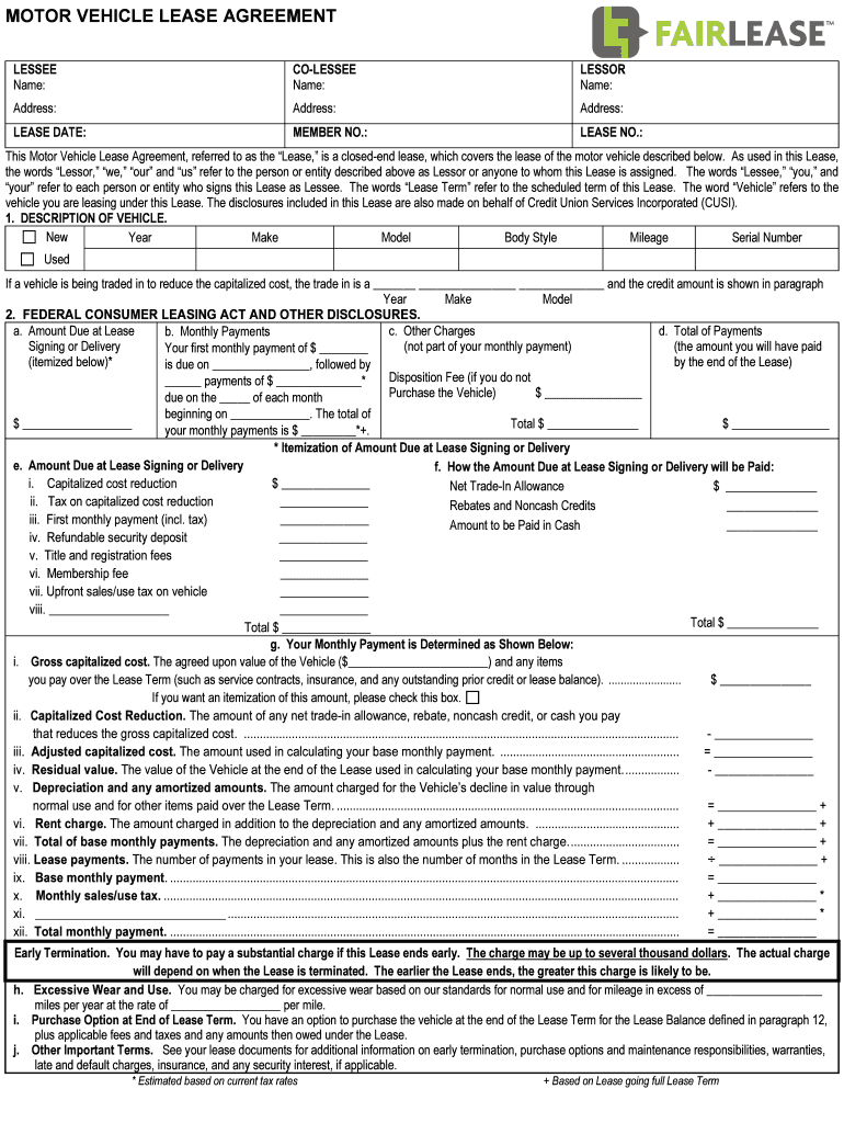 Truck Lease Agreement Template Vehicle Lease Agreement Fill Online Printable Fillable Blank