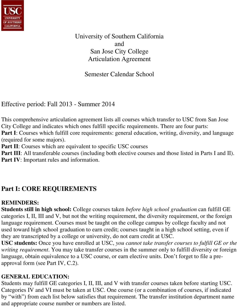 Usc Articulation Agreements University Of Southern California And San Jose City College
