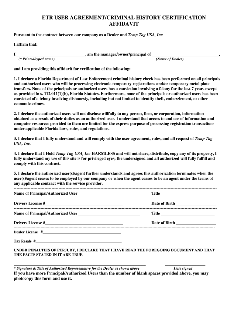 User Agreement Template Etr User Agreementcriminal History Certification Affidavit Fill