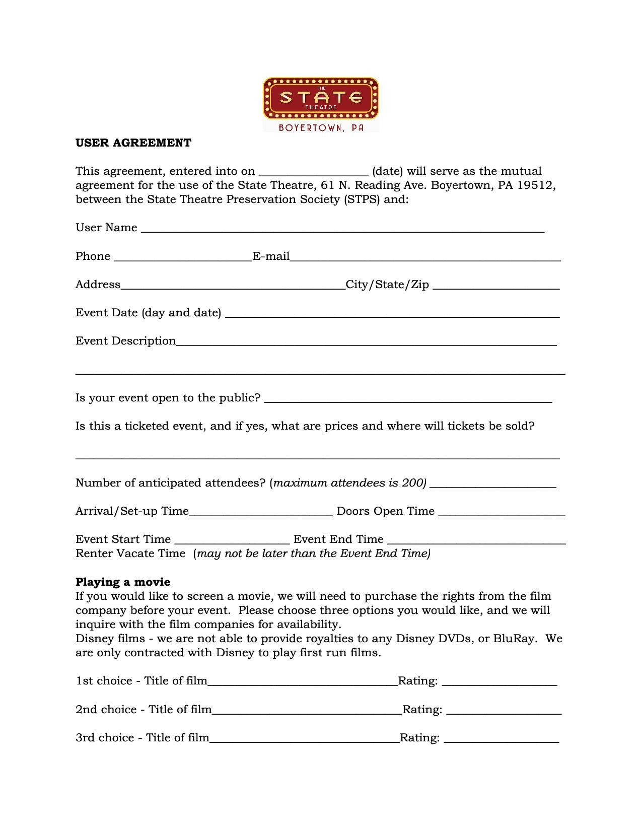 User Agreement Template User Agreement Boyertown State Theatre