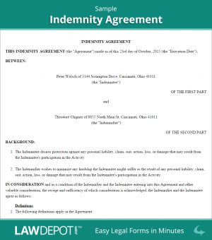 Warehouse Agreement Sample Free Indemnity Agreement Create Download And Print Lawdepot Us