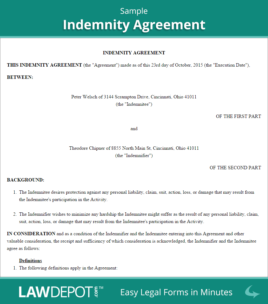 Warehouse Agreement Sample Free Indemnity Agreement Create Download And Print Lawdepot Us