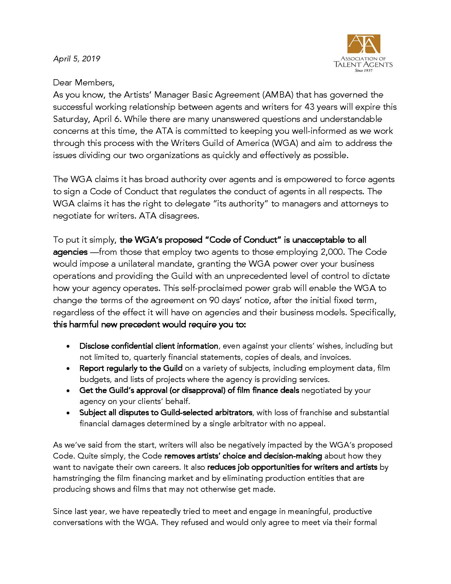 Wga Basic Agreement Association Of Talent Agents 2019 Artists Manager Basic Agreement
