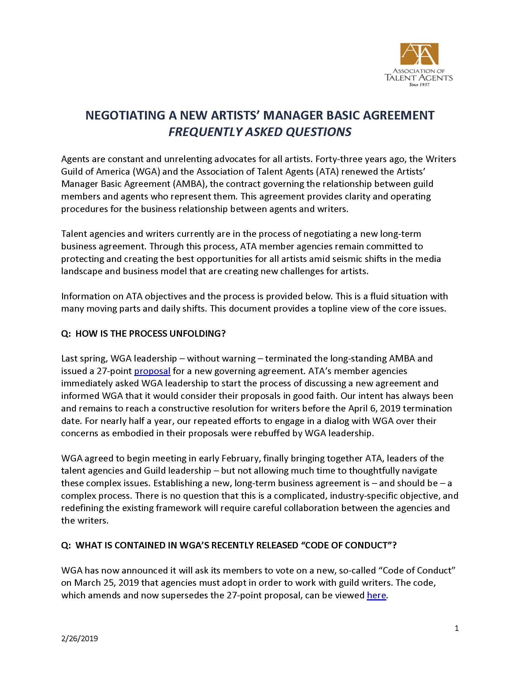 Wga Basic Agreement Association Of Talent Agents 2019 Artists Manager Basic Agreement