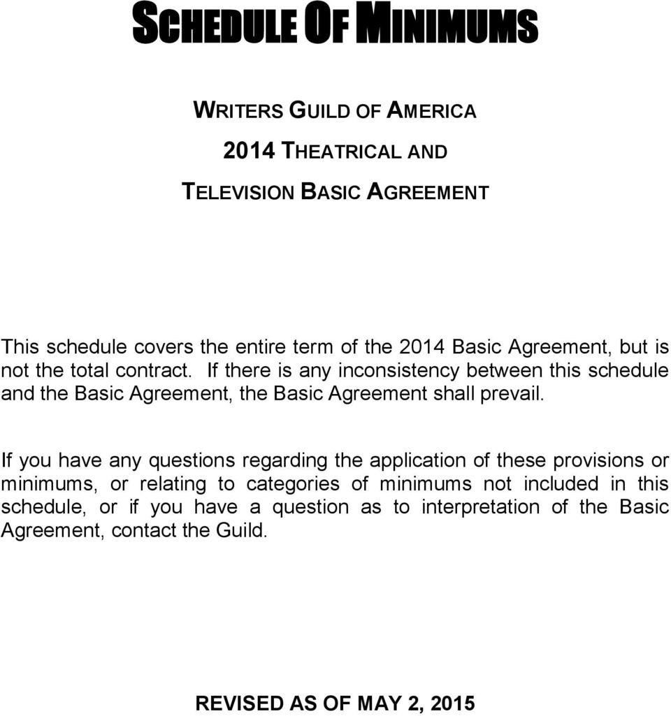 Wga Basic Agreement Schedule Of Minimums Writers Guild Of America 2014 Theatrical And